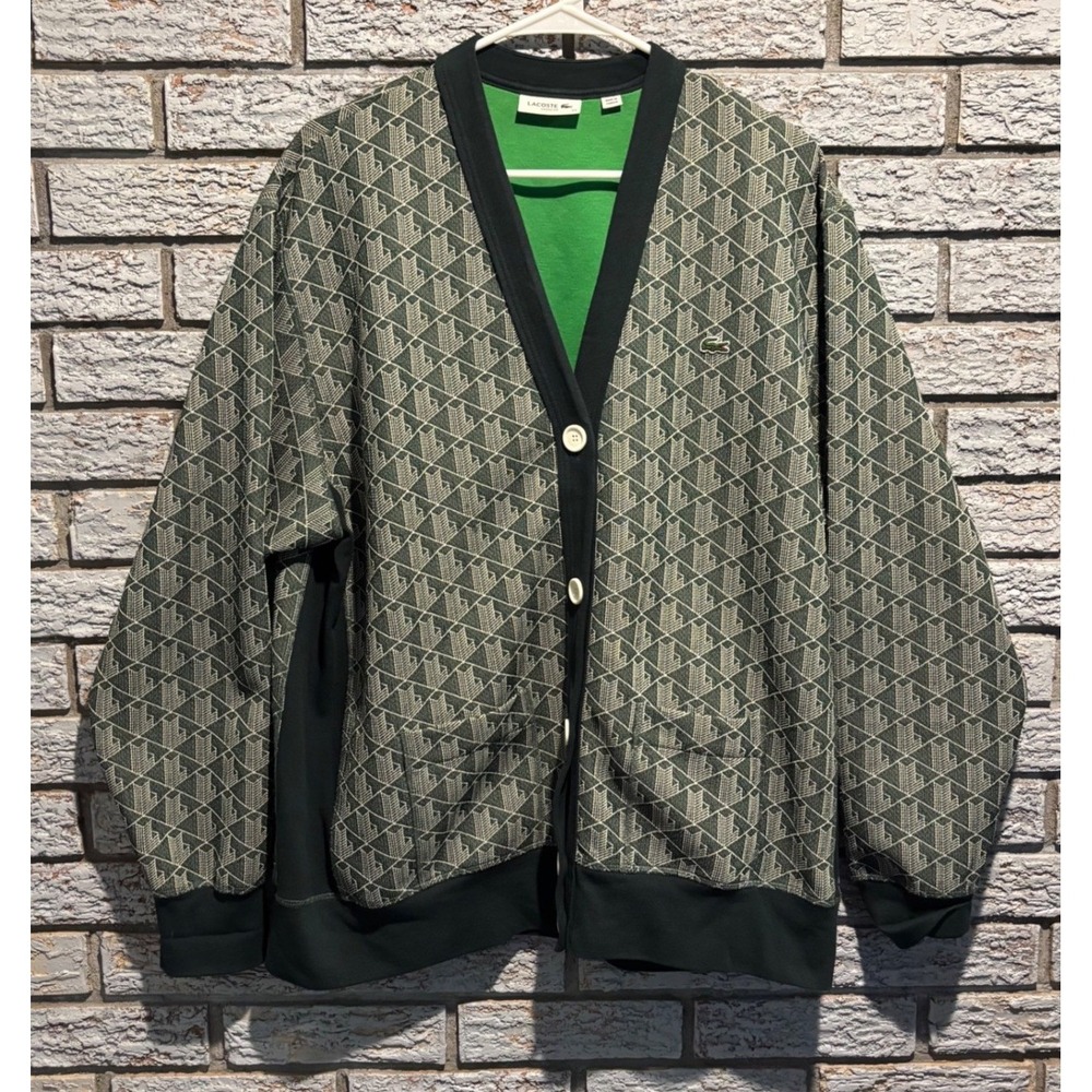 Lacoste Loose Fit Monogram Geometric Cardigan Green Grey Size 44 AF2430 - Picture 2 of 7